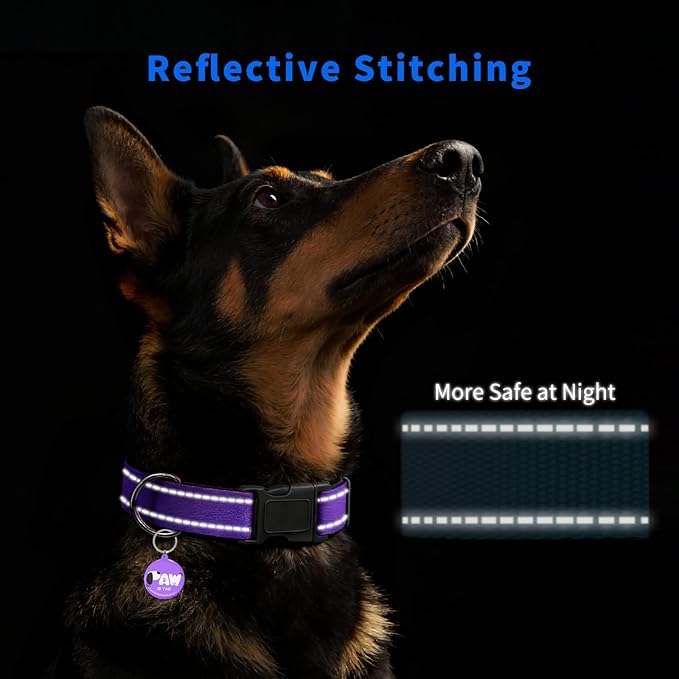Reflective Dog Collar for Medium Dogs with Dog Tags Personalized & Quick Release Buckle, Adjustable and Comfortable Nylon Pet Collar, Purple