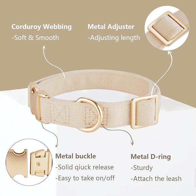 Ewinoom Soft Corduroy Dog Collar and Leash Set Adjustable Durable Wedding Dog Collars with Metal Buckle and Lead for Large Dogs,Beige