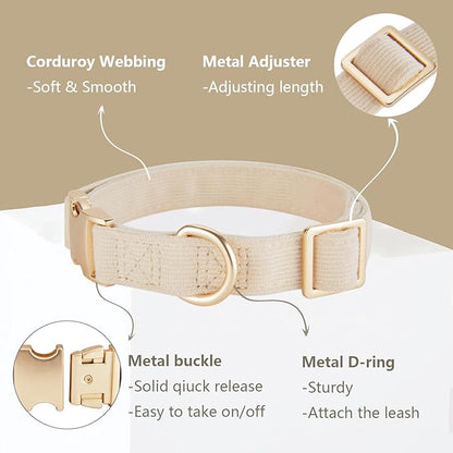Ewinoom Soft Corduroy Dog Collar and Leash Set Adjustable Durable Wedding Dog Collars with Metal Buckle and Lead for Large Dogs,Beige