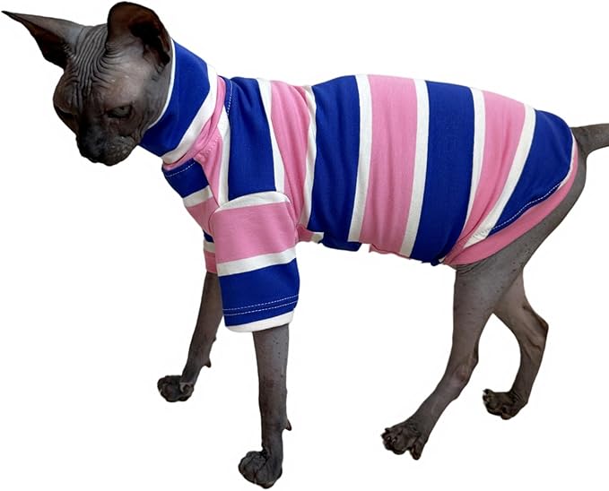 Vintage Stripes Sphynx Hairless Cats Shirt Cotton Cat Turtleneck Pet Clothes Kitten T-Shirts with Sleeves for Sphynx Cats (Wide Pink Blue Stripe, Large)