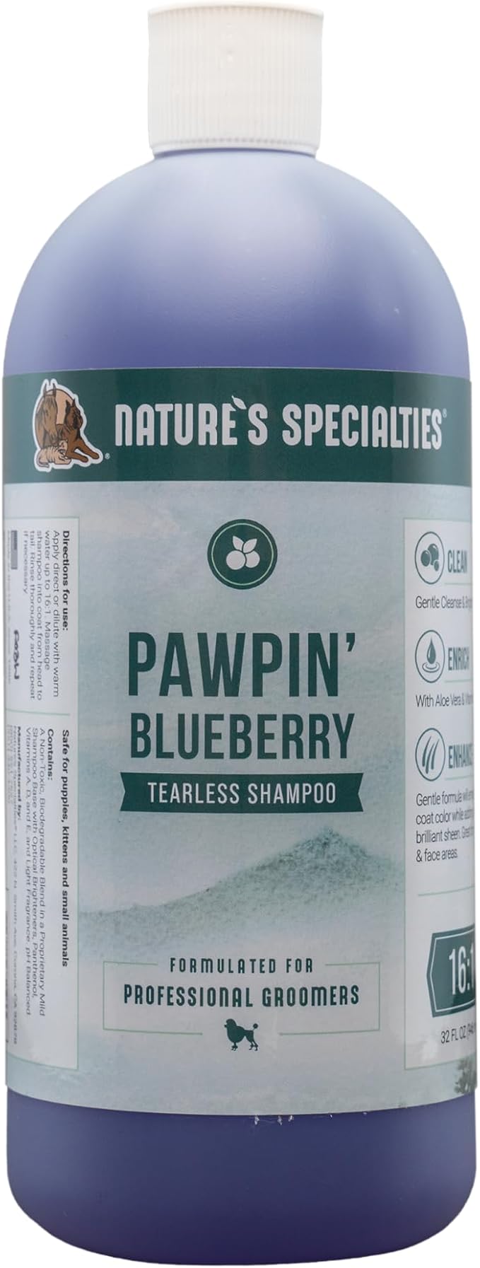 Nature's Specialties Pawpin' Blueberry Ultra Concentrated Dog Face and Body Wash for Pets, Makes up to 4 Gallons, Natural Choice for Professional Groomers, Tearless Formula, Made in USA, 32 oz