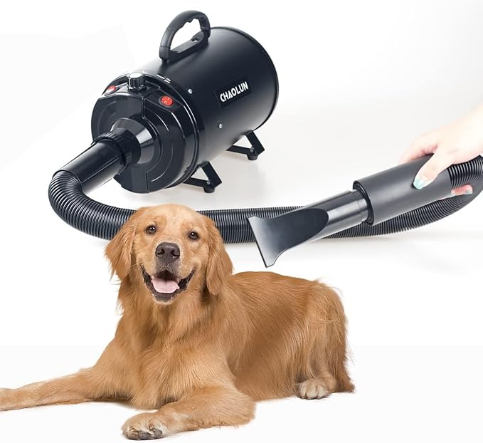 Dog Dryer for Pet Grooming, High Velocity Pet Hair Dryer with Heater, Adjustable Speed, 3 Nozzles and a Comb, Black