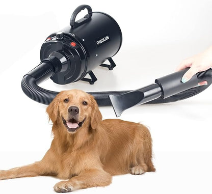 Dog Dryer for Pet Grooming, High Velocity Pet Hair Dryer with Heater, Adjustable Speed, 3 Nozzles and a Comb, Black