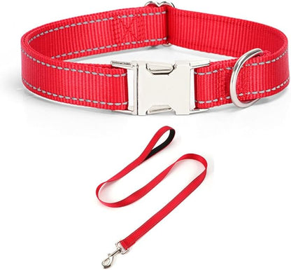 Reflective Dog Collar and Leash Set with Metal Buckle, Soft Sturdy Nylon Dog Collars with Quick Release Buckle, Adjustable Pet Collars with with ID Tag Ring for Small Medium Large Dogs