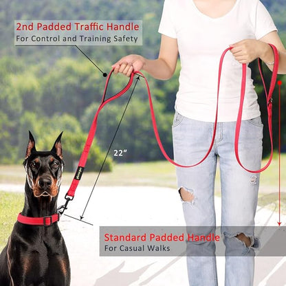 Plutus Pet Double Handle Dog Leash, 6ft, Padded, Heavy Duty, Reflective, Red, 2 Handle Leads