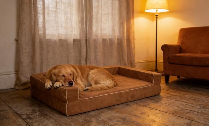 Mama halo Orthopedic Dog Bed with Memory Foam, Waterproof Liner, 3-Sided Bolster Design, Mocca Mousse, Medium, Machine Washable Cover, 34 x 22 Inches