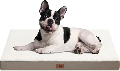 Tail Stories Plush Orthopedic Dog Bed for Medium Dogs & Puppies, Waterproof Dog Beds 30x20 Inch with Removable Washable Cover, Egg Crate Foam Flat Pet Mat, Khaki White