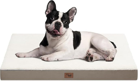 Tail Stories Plush Orthopedic Dog Bed for Medium Dogs & Puppies, Waterproof Dog Beds 30x20 Inch with Removable Washable Cover, Egg Crate Foam Flat Pet Mat, Khaki White