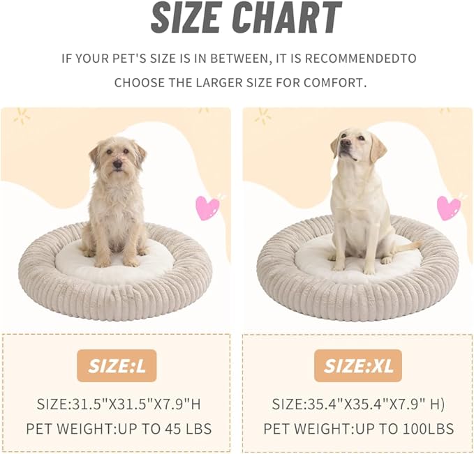 31.5“ Calming Dog Bed for Large Dog-Donut Dog Bed – Faux Rabbit Fur + Shredded Memory Foam & Polyester Fill, Ultra-Comfort Calming Round Pet Bed for Medium/Large Dogs, Easy Care