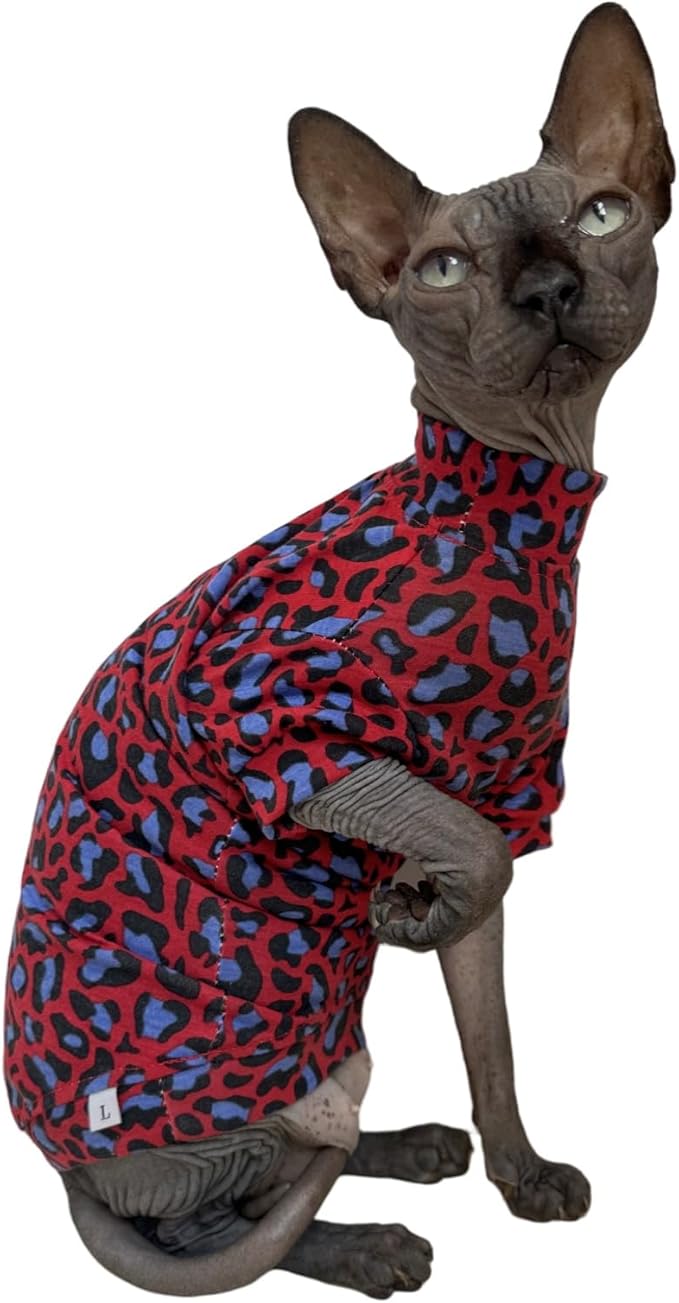 Limited Edition Sphynx Cat Cotton T-Shirts Hairless Cat Sweatshirt Pet Kitten Clothes Round Collar Kitten Shirts Vest Cats & Small Dogs Apparel (Blue Red Leopard, S (3.3-4.4 lbs))