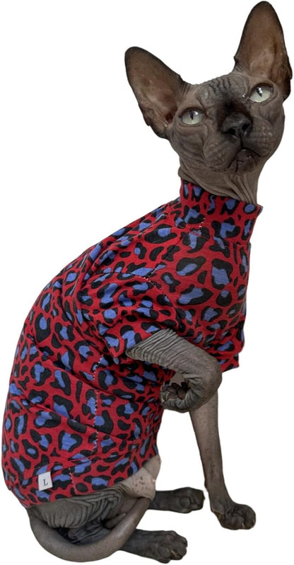 Limited Edition Sphynx Cat Cotton T-Shirts Hairless Cat Sweatshirt Pet Kitten Clothes Round Collar Kitten Shirts Vest Cats & Small Dogs Apparel (Blue Red Leopard, L (7.7-9.9 lbs))