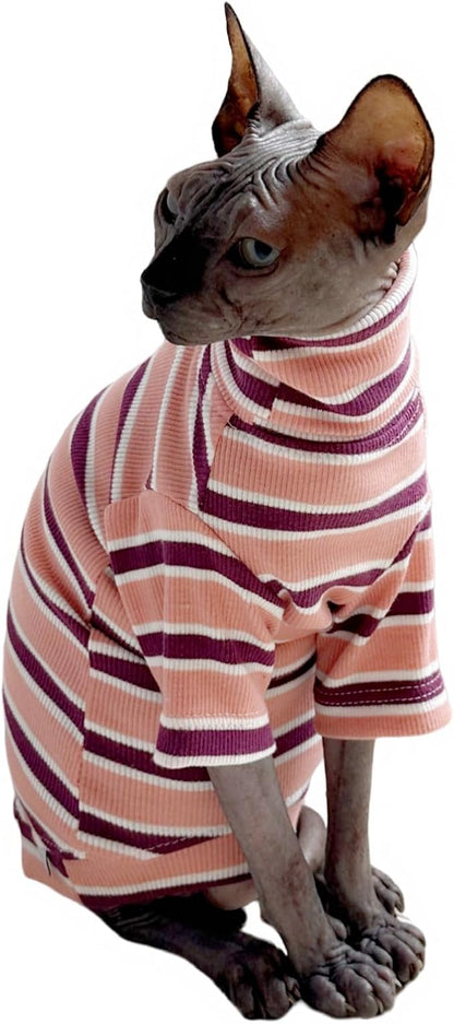 Turtle Neck Vintage Stripes Sphynx Hairless Cat Cotton T-Shirts Pet Clothes Vest Kitten Shirts Sleeveless, Cats & Small Dogs Apparel (Pink, (7-8.8 lbs))