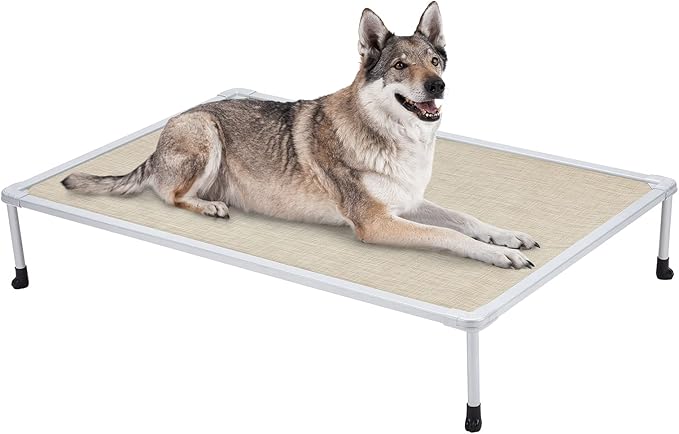 Veehoo Chewproof Elevated Dog Bed - Cooling Raised Pet Cot, Breathable Mesh, Washable & Non-Slip for large Dogs, Indoor/Outdoor, Beige Coffee Mat and Silver Metal Frame, 49x33inches (Model CWC2203B03)