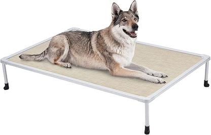 Veehoo Chewproof Elevated Dog Bed - Cooling Raised Pet Cot, Breathable Mesh, Washable & Non-Slip for large Dogs, Indoor/Outdoor, Beige Coffee Mat and Silver Metal Frame, 49x33inches (Model CWC2203B03)