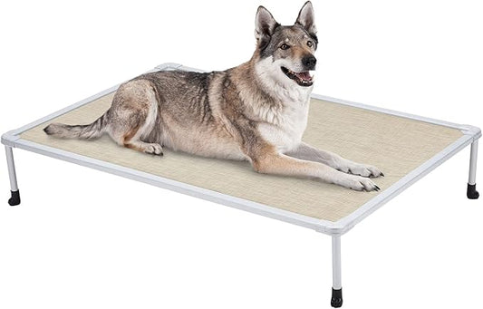 Veehoo Chewproof Elevated Dog Bed - Cooling Raised Pet Cot, Breathable Mesh, Washable & Non-Slip for large Dogs, Indoor/Outdoor, Beige Coffee Mat and Silver Metal Frame, 49x33inches (Model CWC2203B03)