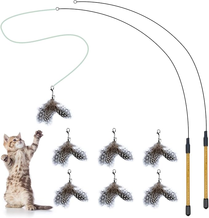FUPUSUN Cat Feather Toys, Interactive Cat Toys Kitten Toys, 2PCS Elasticity Cat Wand Toy and 7PCS Feathers Refills, Cat Toys for Indoor Cats Kitten Play Chase