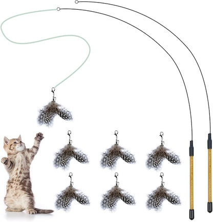 FUPUSUN Cat Feather Toys, Interactive Cat Toys Kitten Toys, 2PCS Elasticity Cat Wand Toy and 7PCS Feathers Refills, Cat Toys for Indoor Cats Kitten Play Chase