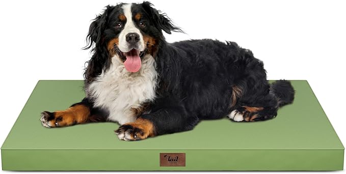 Tail Stories Outdoor Extra Large Dog Crate Bed, XXL Waterproof Dog Bed for Giant Breeds Dogs, 47x29 Inch Orthopedic Egg Crate Foam Pet Mat with Removable Cooling Cover, Light Green