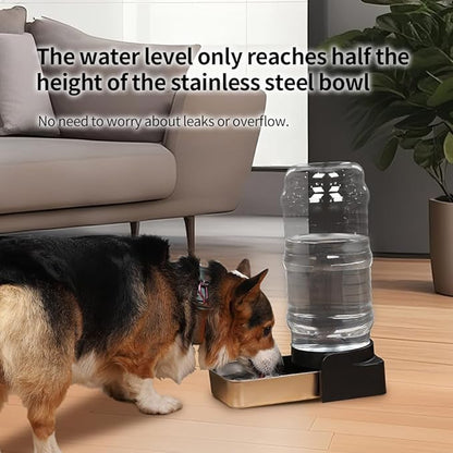 PAKEWAY Large Capacity Gravity Water Dispenser for Dogs, 2.3 Gallon Stainless Steel Pet Water Bowl for Medium & Large Pets, Low Refill Automatic Waterer with Filters