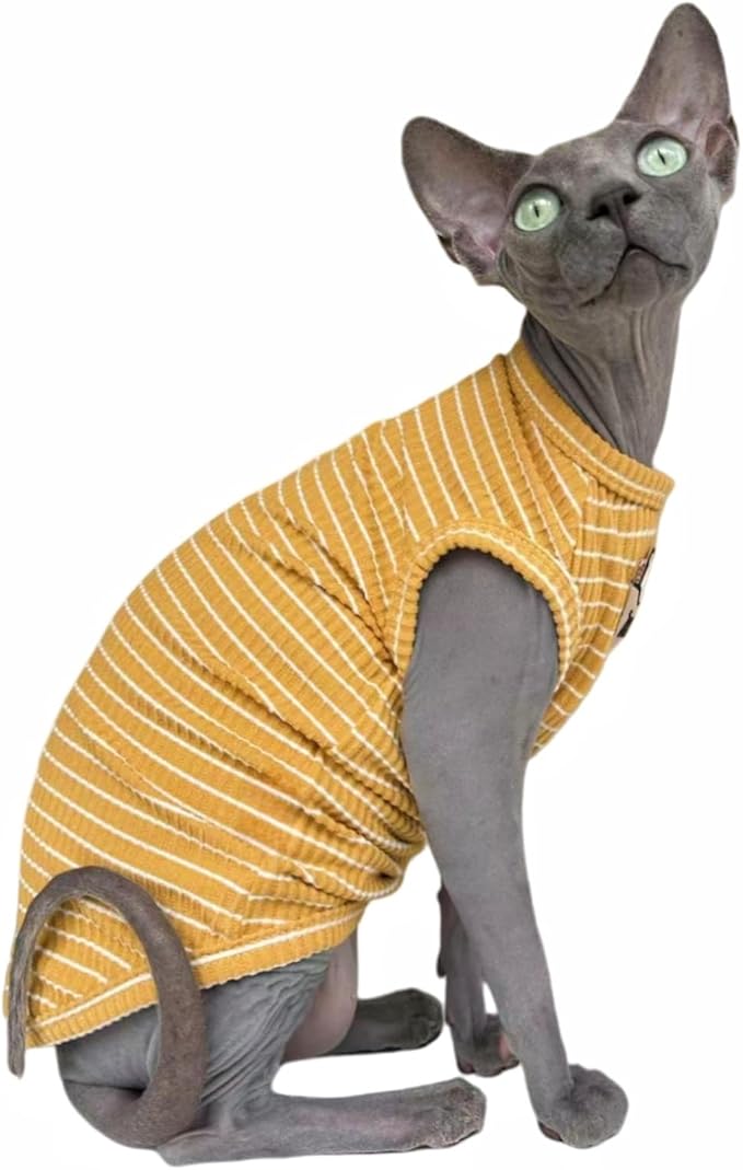 Sphynx Cat Clothes Vest for Hairless Cat, Rib Knit Stripe Cats T-Shirt Apparel, Kitten Summer Cotton Shirts Sleeveless for Cornish Rex, Devon Rex, Peterbald (Ginger, M (5.5-7.2 lbs))