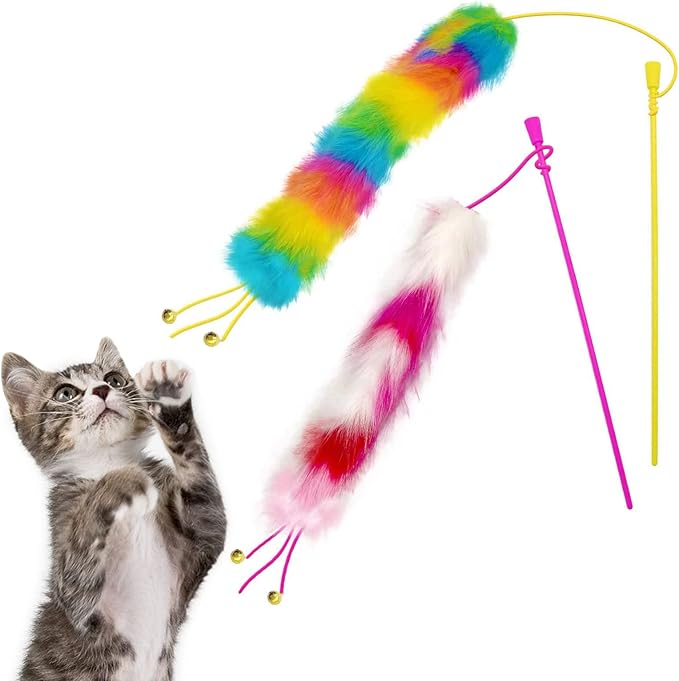 Lepawit 2 Pack Cat Wand Toy, Rainbow Cat Feather Toys with Bells, Teaser Wand with Soft Furry Tail, Interactive Toys for Indoor Cats & Kitten & Kitty