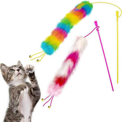 Lepawit 2 Pack Cat Wand Toy, Rainbow Cat Feather Toys with Bells, Teaser Wand with Soft Furry Tail, Interactive Toys for Indoor Cats & Kitten & Kitty