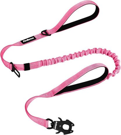 PetBonus Heavy Duty Tactical Dog Leash, 5 FT Bungee Shock Absorption Leash with 2 Padded Handles, Quick Release Metal Clip, Car Seatbelt, No Pull Training Lead for Large Medium Dogs（Pink）
