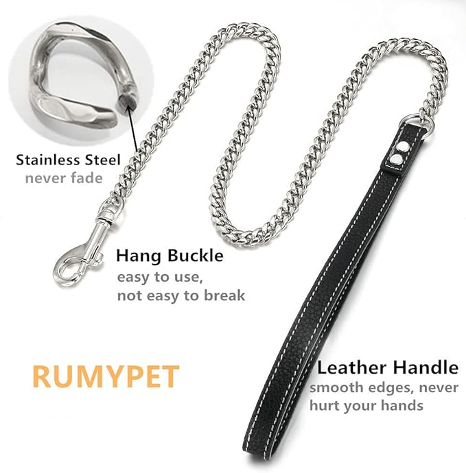 3FT/4FT/5FT Heavy Duty Silver Dog Chain Leash 10MM Stainless Steel Miami Cuban Link Chain with Durable Genuine Leather Handle for Training Walking(10mm,4ft)…