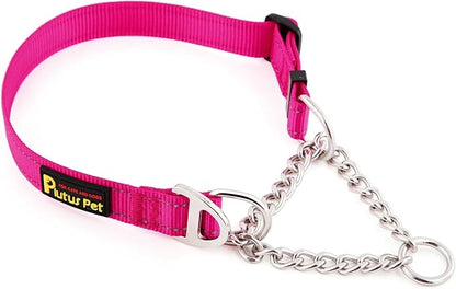 Plutus Pet Martingale Dog Collar with Stainless Steel Chain and Reflective Nylon, Adjustable No Pull Training Collar, for Small Medium, and Large Dogs, Hot Pink, L