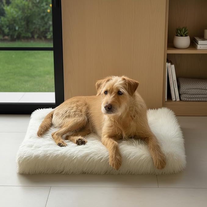 IHAPPYDOG Luxury Faux Fur Orthopedic Dog Beds, Memory Foam Crate Bed for Small, Medium, Large and XL Pets, Fluffy Pet Bed with Waterproof and Washable Cover, Fits Crates (White, 35" x 23")