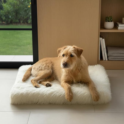 IHAPPYDOG Luxury Faux Fur Orthopedic Dog Beds, Memory Foam Crate Bed for Small, Medium, Large and XL Pets, Fluffy Pet Bed with Waterproof and Washable Cover, Fits Crates (White, 35" x 23")