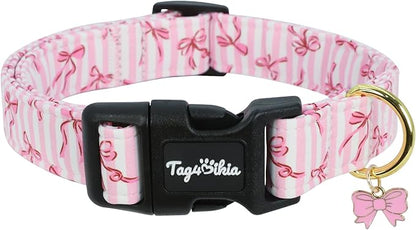 Dog Collar with Bows Patterns, Spring Summer Collection Pink Dog Collar with Exquisite Pendant, Durable Adjustable Collars for Gifts & Daily Use-L
