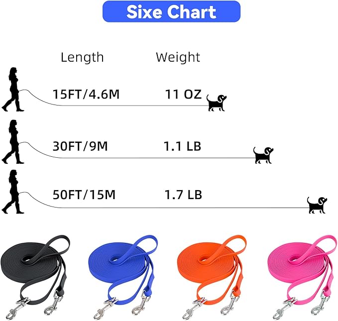 Waterproof Long Leash for Dogs Training 16FT/30FT/50FT, Long Dog Leash Heavy Duty Lead for Large Medium Small Dogs Outside Walking, Playing, Camping, or Yard(Black 50FT)
