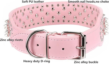 PU Leather Adjustable Spiked Studded Dog Collar 2" Wide 31 Spikes (S(Neck 17"-20"), Pink)
