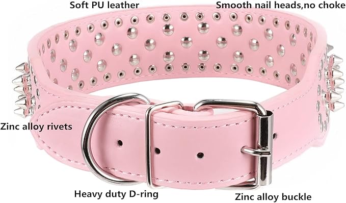 Hoot PU Leather Adjustable Spiked Studded Dog Collar 2" Wide 43 Spikes (L(Neck 21"-24"), Pink)