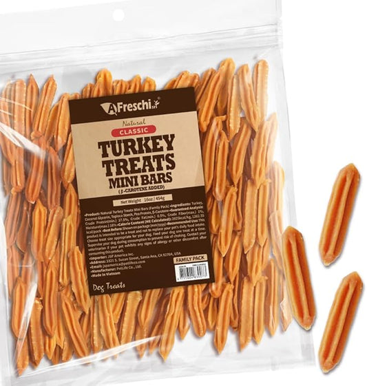 A Freschi srl Natural Turkey Treats, USA-Sourced Trukey, All-Natural, Hypoallergenic, Low-Fat, Healthy & Easily Digestible, Puppy & Training Snack, Mini Bars 16 oz