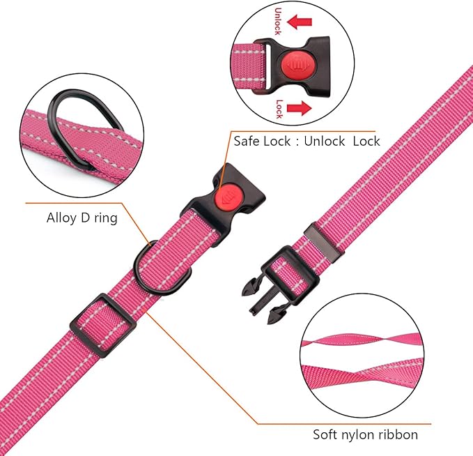 Reflective Dog Collar and Leash Set with Safety Locking Buckle Nylon Pet Collars Adjustable for Small Medium Large Dogs 3 Sizes(Hotpink&L)