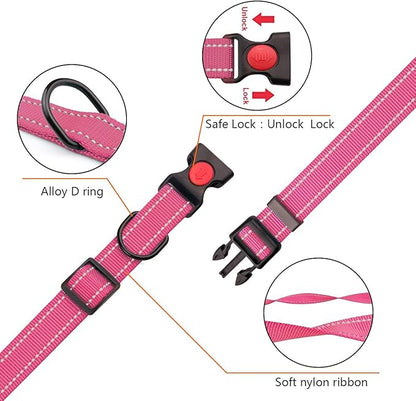 Reflective Dog Collar and Leash Set with Safety Locking Buckle Nylon Pet Collars Adjustable for Small Medium Large Dogs 3 Sizes(Hotpink&M)
