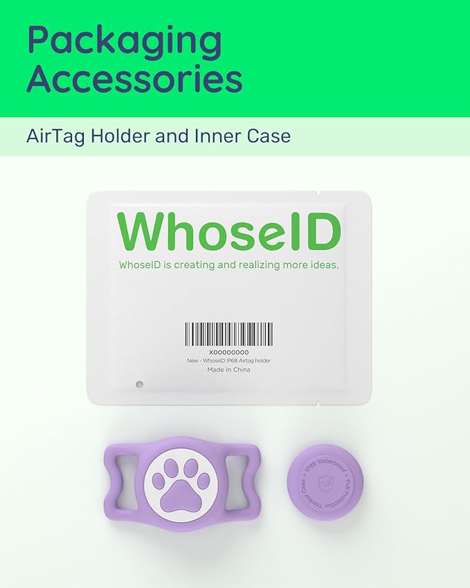 WhoseID IP68 Waterpoof Dog Airtag Holder, Stretchy Silicone Full Body Covered Apple Air Tag Holder for Dog Cat Collar Fit All Width Collar (Purple, 1 Pack)