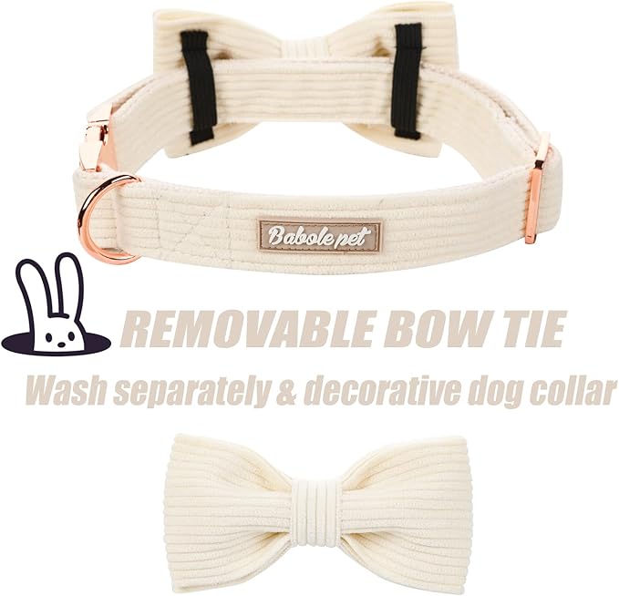 White Dog Collars for Large Dog,Cute Corduroy Dog Collar with Bow Tie Safety Metal Buckle Adjustable Puppy Collars for Small Medium Large Boy&Girl Dogs,L-Neck 16"-24"