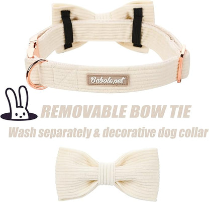 White Dog Collars for Large Dog,Cute Corduroy Dog Collar with Bow Tie Safety Metal Buckle Adjustable Puppy Collars for Small Medium Large Boy&Girl Dogs,XL-Neck 16"-26"