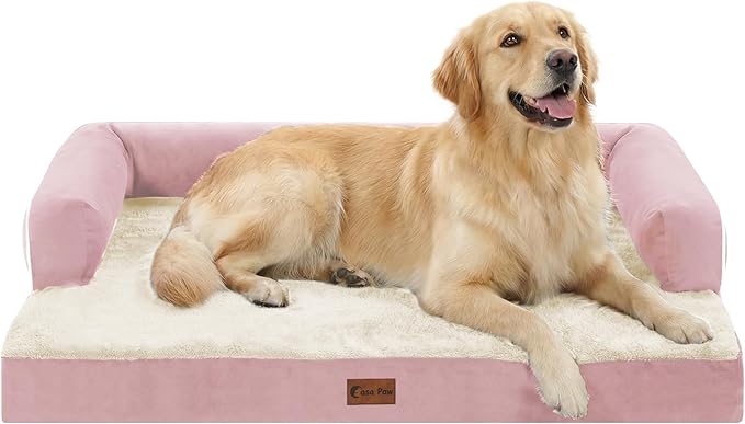 Casa Paw Orthopedic Dog Beds for Large Sized Dogs, Waterproof Egg Crate Foam Large Dog Couch Beds with Comfy Bolster 36x27Inch, Washable Pet Beds with Removable Cover and Nonskid Bottom, Pink