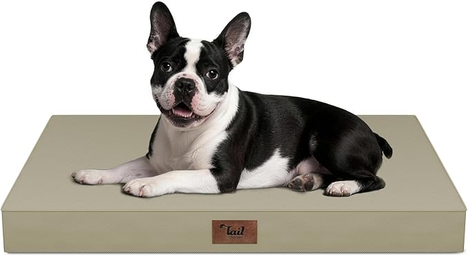 Tail Stories Outdoor Orthopedic Dog Bed for Medium Dogs & Cats, Waterproof Flat Pet Mat with Egg Crate Foam & Washable Removable Oxford Cover, 30x20 Inch, Khaki