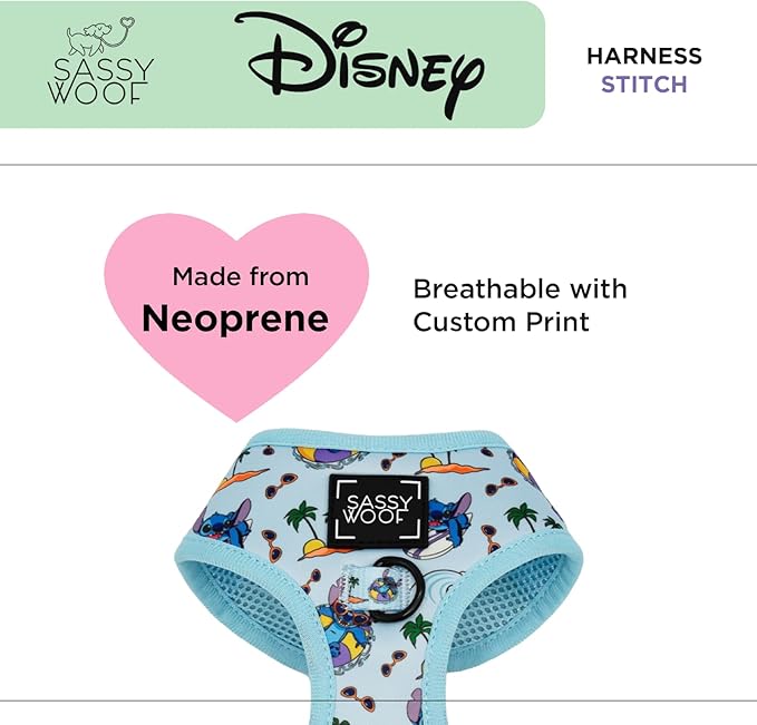 Sassy Woof Dog Adjustable Harness - Disney Stitch - L, Breathable Mesh, No Pull Design with Two D-Rings, Patented Design, Ideal for Large Dogs - Officially Licensed