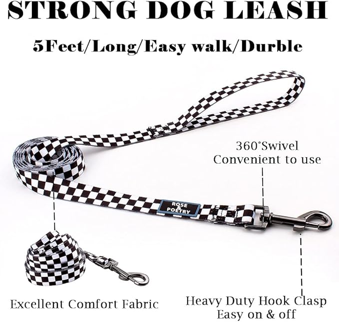 Roses&Poetry Dog Collar and Leash for Medium Large,Adjustable Durable 5ft Puppy Leash Collar for Dog Training Lead（Black & White-M）