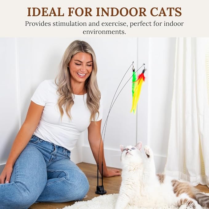 GADGETSOLOGY Cat Wand Toy Cat Fishing Pole Toy Cats Feather Toys Suction Cup for Indoor Cats Teaser Wand Feather Attachments Multisurface Base