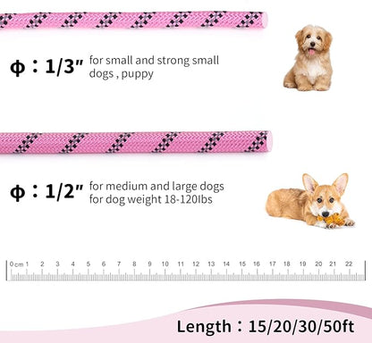Long Dog Leash for Training 30Ft-Reflective Nylon Rope with Swivel Hook-Recall Agility Lead for Large Small Medium Dogs Outside Walking Hiking-Pink Diam 1/2"