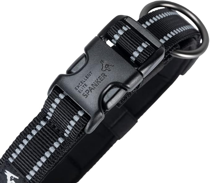 EXCELLENT ELITE SPANKER Reflective Dog Collar Classic Soft Padded Breathable Nylon Adjustable Pet Collar with Quick Release Buckle for Boy Girl Male Female Puppies Small Medium Large Dogs(Black-S)