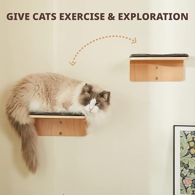 LIORCE 2 Set Cat Wall Steps - Wooden Cat Climbing Shelf for Wall - Cats Wall Stairs with Scratching Mat - Wall Mounted Cats Furniture for Jumping, Playing, and Lounging