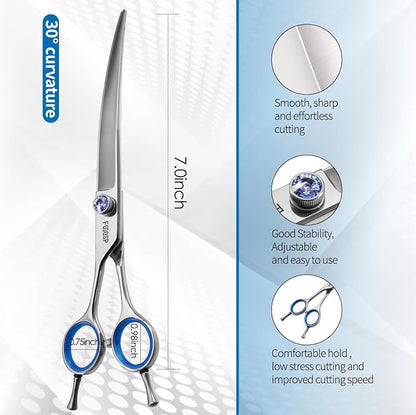Left Handed Curved Dog Grooming Scissors 7.5 inch Professional Curved Shears Grooming for Poodle Large Dogs Pet 30 Degree Japanese 440C Super Sharp (7.5 curved)